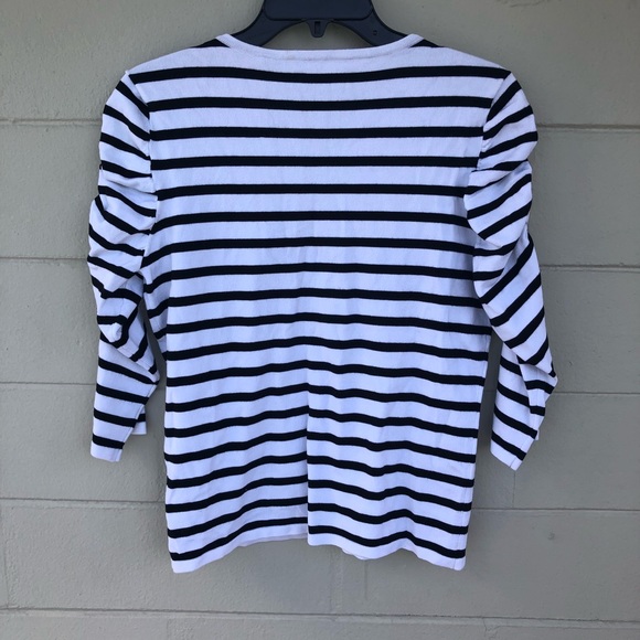 Black & White Striped Shirt Crochet V-neck P Large - Picture 4 of 5